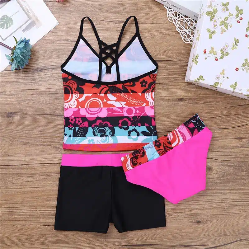 Kids Girls Tankini Floral Printed Swimsuit Swimwear Bathing Suit Set Tops with Bottoms Shorts for Swimming Surfing and Holiday 17