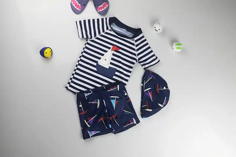 Boys Swimwear Children's Swimming Trunks Cute Cartoon Sailboat Bathing Suit With Cap Kids Split Swimsuit Sunblock Beachwear 2