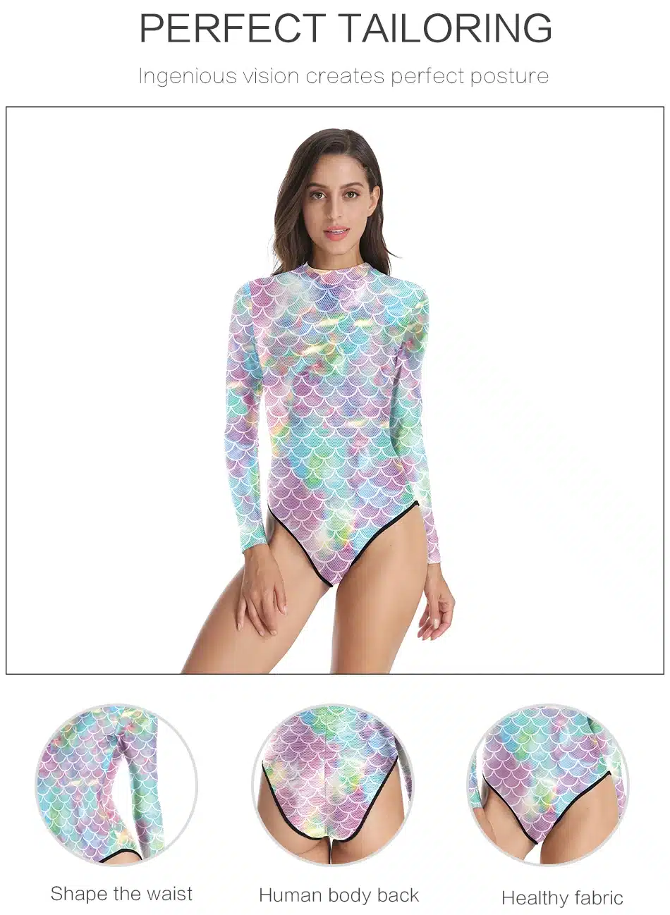NADANBAO Swimsuit Women Colorful Mermaid One Piece Swimsuit Long Sleeve Zippper Printed Swimsuit Fused Women's Swimming Suit 21