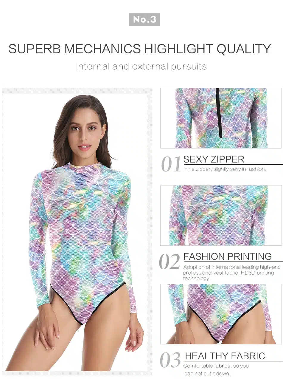 NADANBAO Swimsuit Women Colorful Mermaid One Piece Swimsuit Long Sleeve Zippper Printed Swimsuit Fused Women's Swimming Suit 22