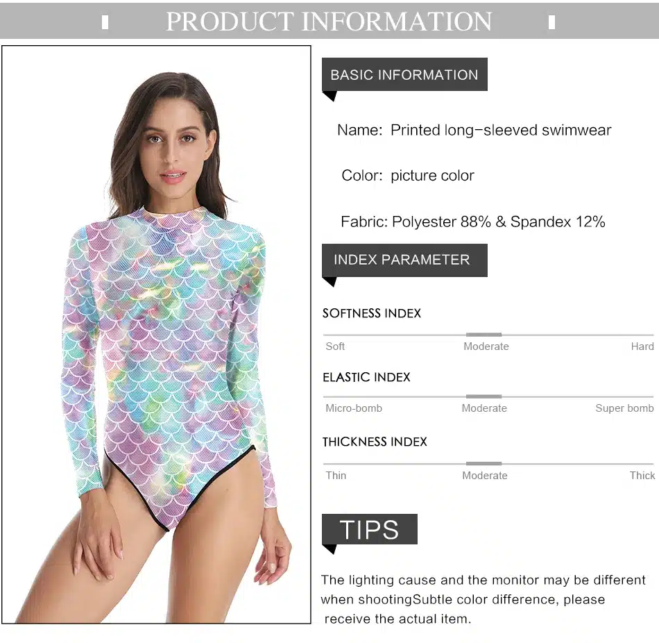 NADANBAO Swimsuit Women Colorful Mermaid One Piece Swimsuit Long Sleeve Zippper Printed Swimsuit Fused Women's Swimming Suit 23