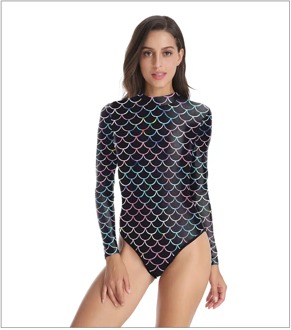 NADANBAO Swimsuit Women Colorful Mermaid One Piece Swimsuit Long Sleeve Zippper Printed Swimsuit Fused Women's Swimming Suit 27