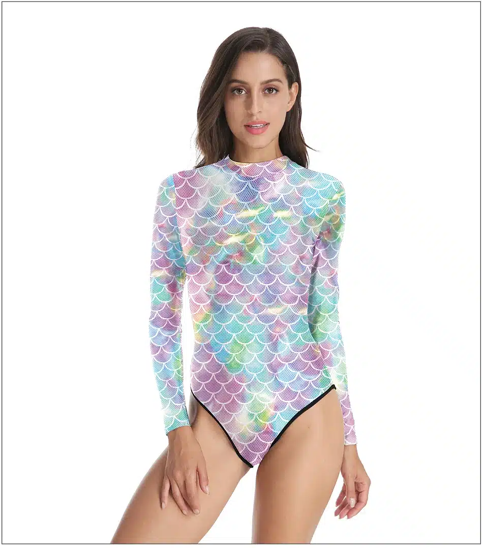 NADANBAO Swimsuit Women Colorful Mermaid One Piece Swimsuit Long Sleeve Zippper Printed Swimsuit Fused Women's Swimming Suit 26