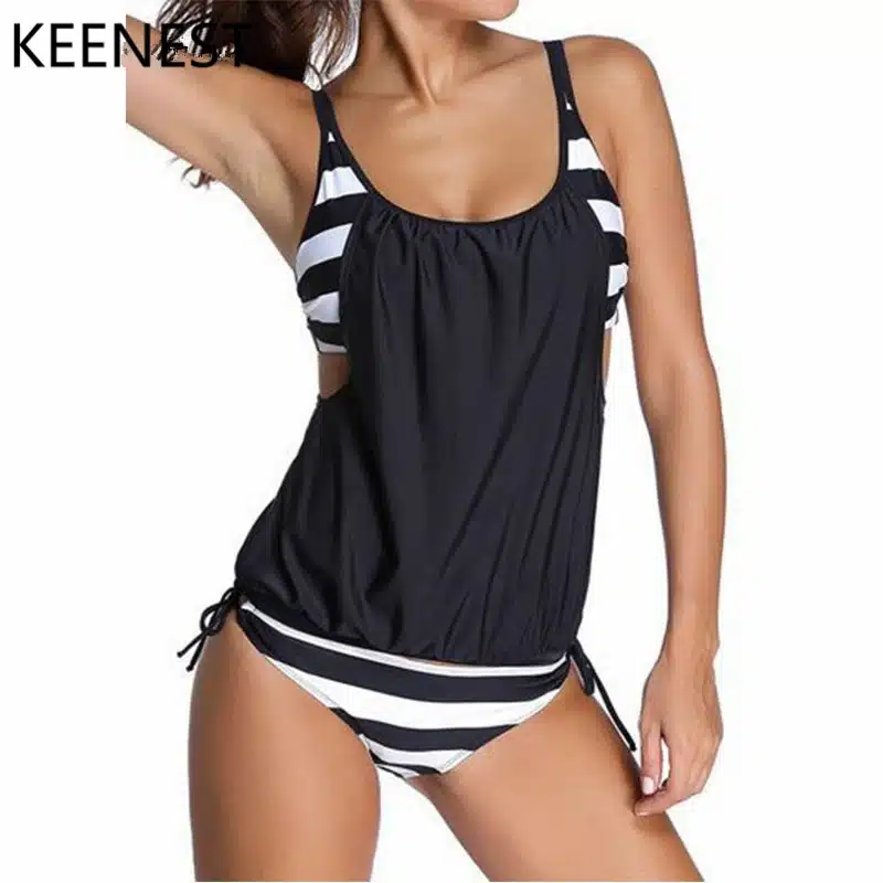 KEENEST 2018 Plus Size Tankini Two Piece Women Black Bathing Suit Padded Brasil Sexy Swimming Suit Stripe Bottom Sport Swimwear 10