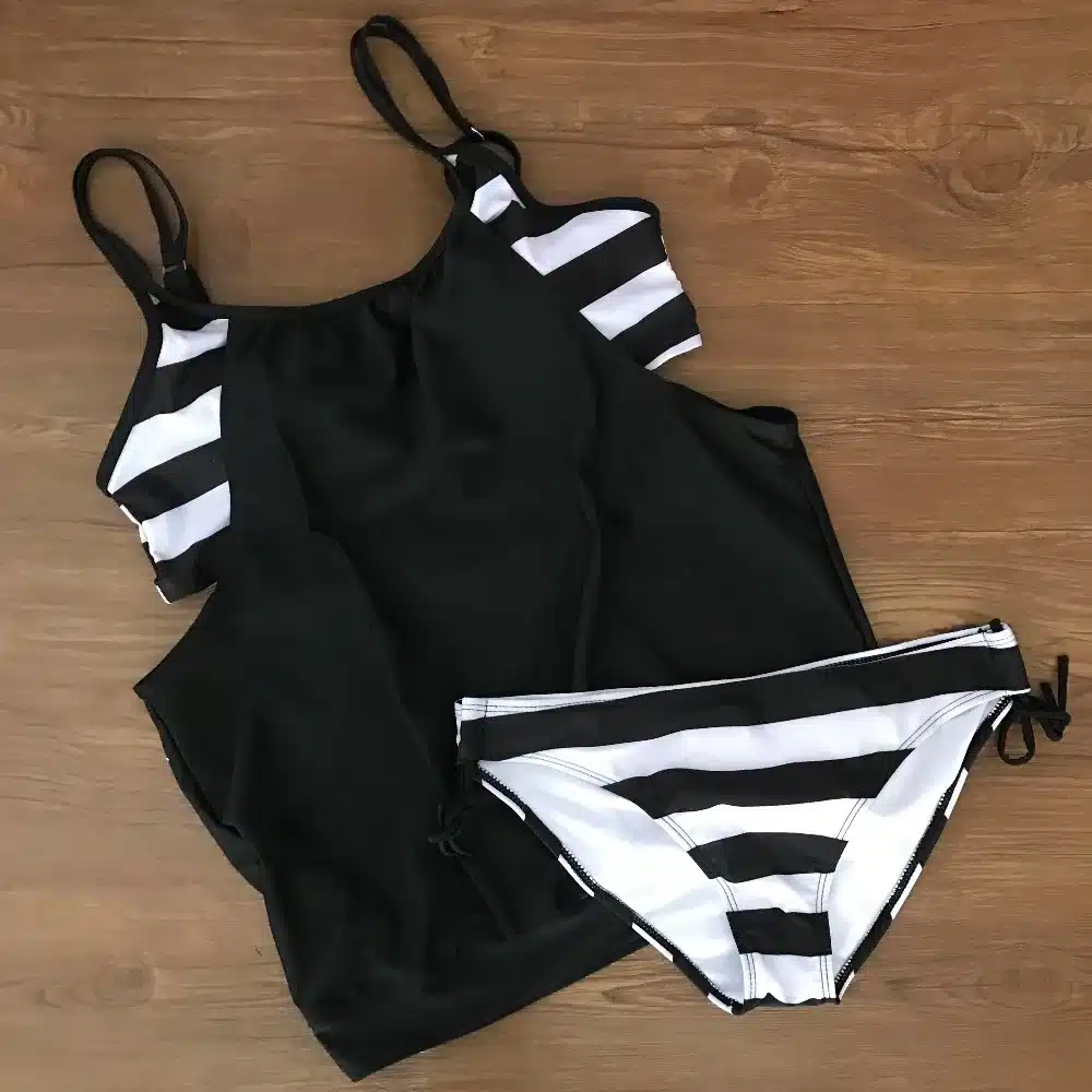 KEENEST 2018 Plus Size Tankini Two Piece Women Black Bathing Suit Padded Brasil Sexy Swimming Suit Stripe Bottom Sport Swimwear 14