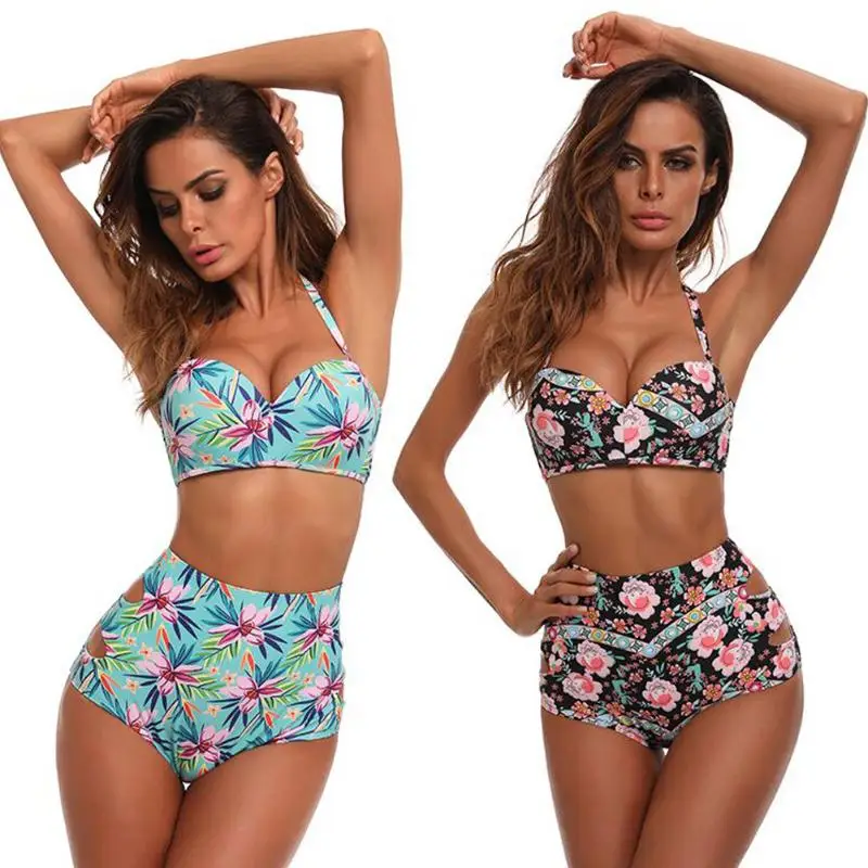 Sexy Floral printed bikini 2019 high waisted bikini halter Swimsuit Padded Swimwear Beach Swimsuit Brazilian bathing suit playa 9
