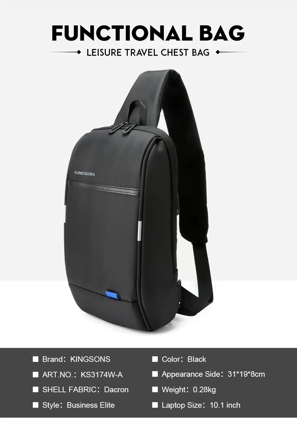 Kingsons 2019 New 3174-A Leisure Travel Single Shoulder Backpack 10.1 inch Chest Backpack For Men Women Casual Crossbody Bag 6