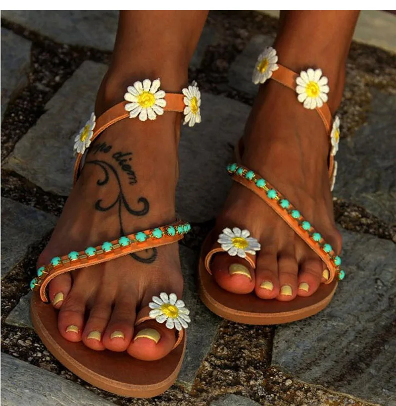 Summer Shoes Woman Gladiator Sandals Women Shoes Flat Fashion Weet Flowers Boho Beach Sandals Ladies Plus Size 44 11