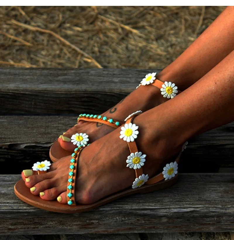 Summer Shoes Woman Gladiator Sandals Women Shoes Flat Fashion Weet Flowers Boho Beach Sandals Ladies Plus Size 44 13