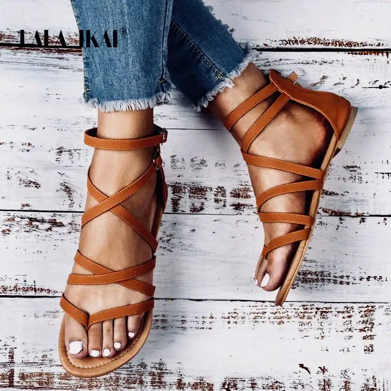 LALA IKAI Summer Women PU Sandals Narrow Band Buckle Design Cover Heel Flat With Shoes Female Gladiator Flats 014A3214-4 13