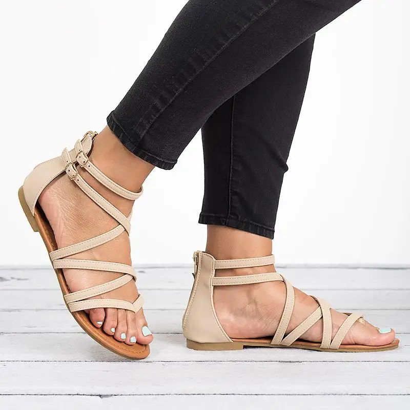 LALA IKAI Summer Women PU Sandals Narrow Band Buckle Design Cover Heel Flat With Shoes Female Gladiator Flats 014A3214-4 15