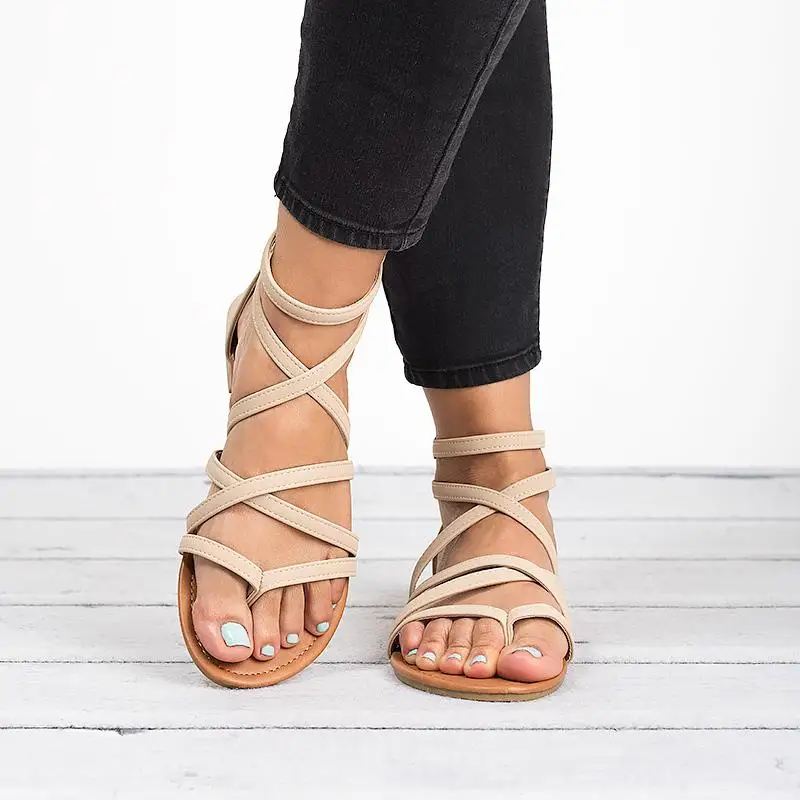 LALA IKAI Summer Women PU Sandals Narrow Band Buckle Design Cover Heel Flat With Shoes Female Gladiator Flats 014A3214-4 16