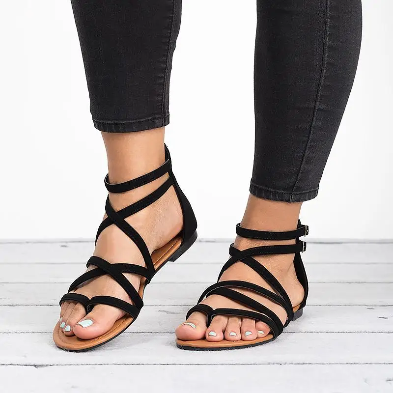 LALA IKAI Summer Women PU Sandals Narrow Band Buckle Design Cover Heel Flat With Shoes Female Gladiator Flats 014A3214-4 17