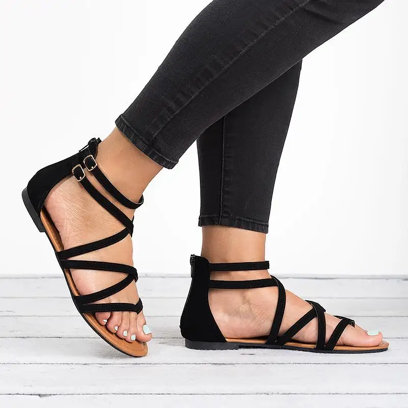 LALA IKAI Summer Women PU Sandals Narrow Band Buckle Design Cover Heel Flat With Shoes Female Gladiator Flats 014A3214-4 18