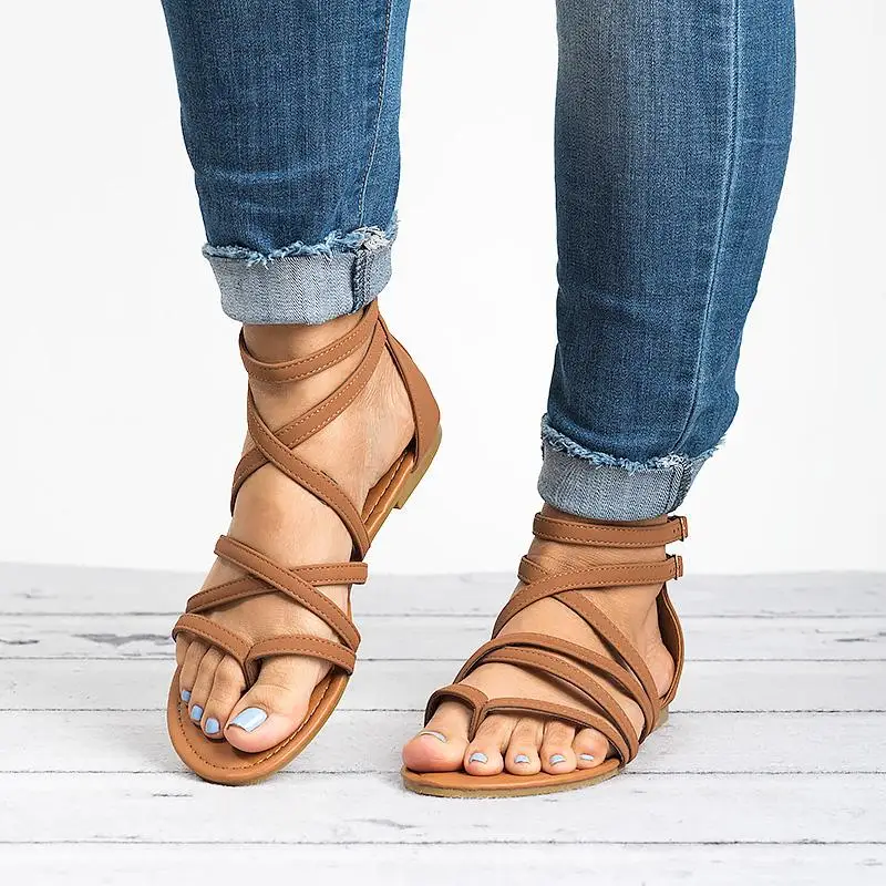 LALA IKAI Summer Women PU Sandals Narrow Band Buckle Design Cover Heel Flat With Shoes Female Gladiator Flats 014A3214-4 20