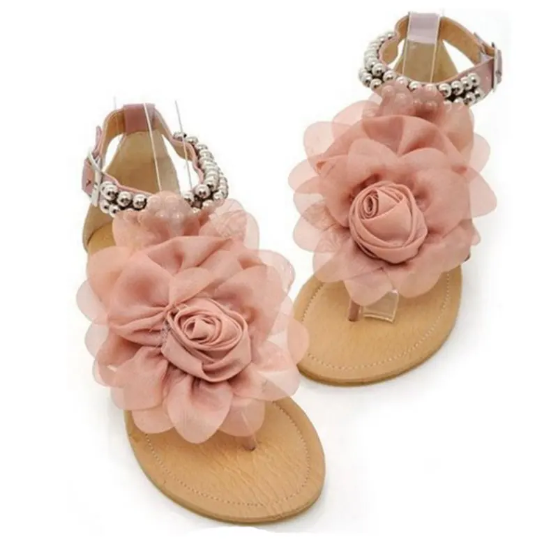 TAOFFEN Big size 34-43 Gladiator Sandals Women Bohemia Beaded Summer Flower Flat Heels Flip Flops Women's Shoes Tstraps Sandals 8