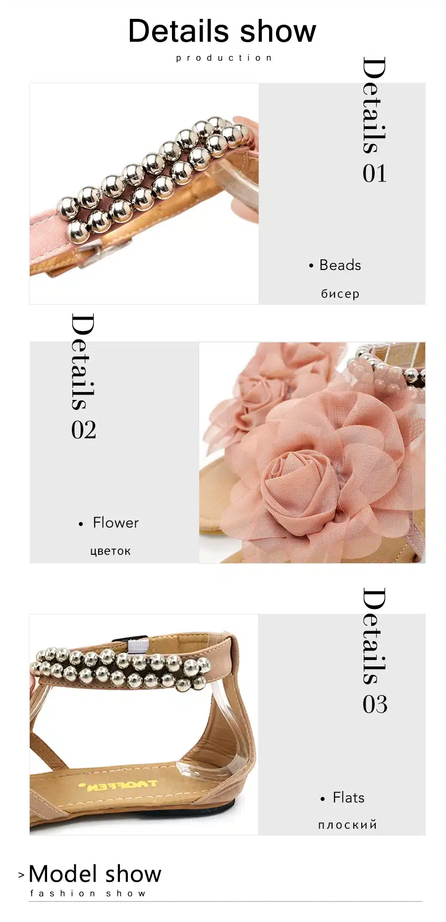 TAOFFEN Big size 34-43 Gladiator Sandals Women Bohemia Beaded Summer Flower Flat Heels Flip Flops Women's Shoes Tstraps Sandals 10