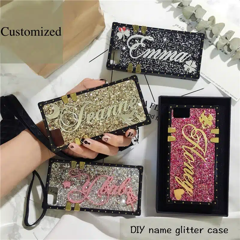 Unique Custom name letter sparkle square phone case for iPhone 6 7 8 plus X XS max XR for Samsung galaxy s8 s9 s10 plus note 8 9 12