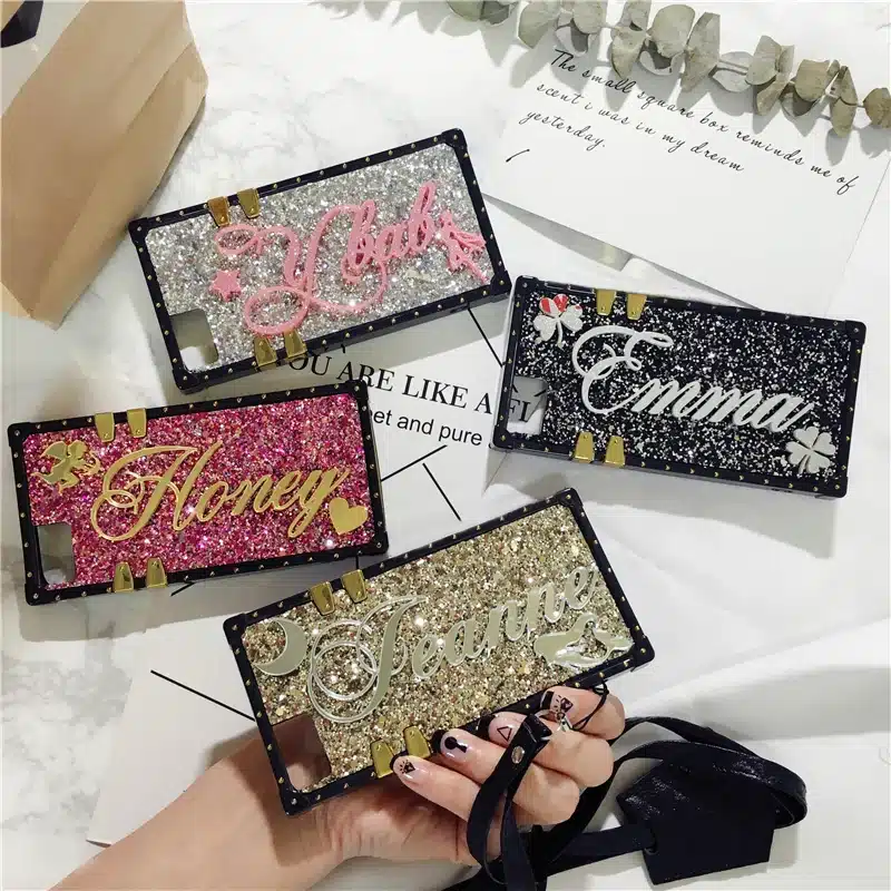 Unique Custom name letter sparkle square phone case for iPhone 6 7 8 plus X XS max XR for Samsung galaxy s8 s9 s10 plus note 8 9 14
