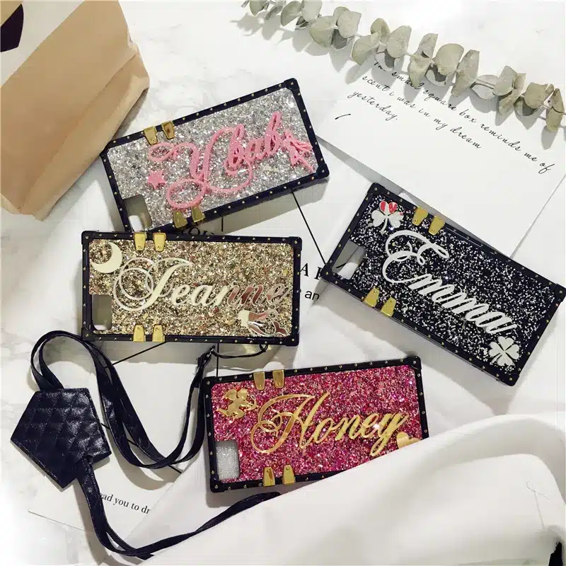 Unique Custom name letter sparkle square phone case for iPhone 6 7 8 plus X XS max XR for Samsung galaxy s8 s9 s10 plus note 8 9 15