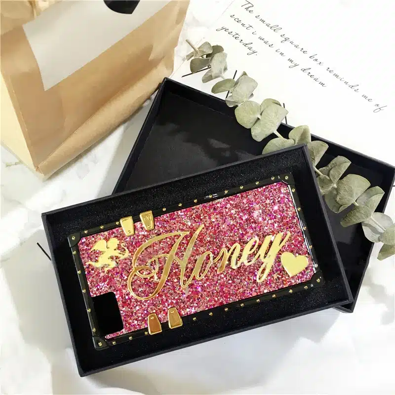 Unique Custom name letter sparkle square phone case for iPhone 6 7 8 plus X XS max XR for Samsung galaxy s8 s9 s10 plus note 8 9 17