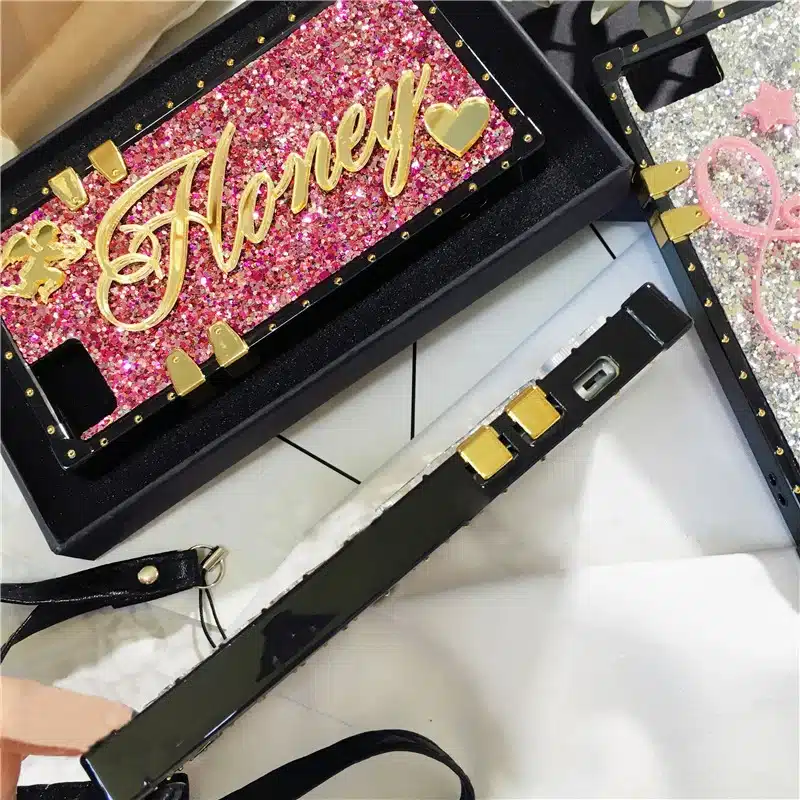 Unique Custom name letter sparkle square phone case for iPhone 6 7 8 plus X XS max XR for Samsung galaxy s8 s9 s10 plus note 8 9 18