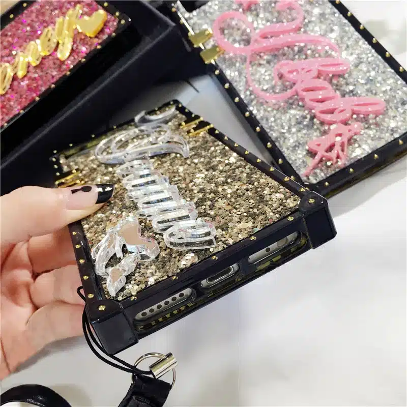 Unique Custom name letter sparkle square phone case for iPhone 6 7 8 plus X XS max XR for Samsung galaxy s8 s9 s10 plus note 8 9 19
