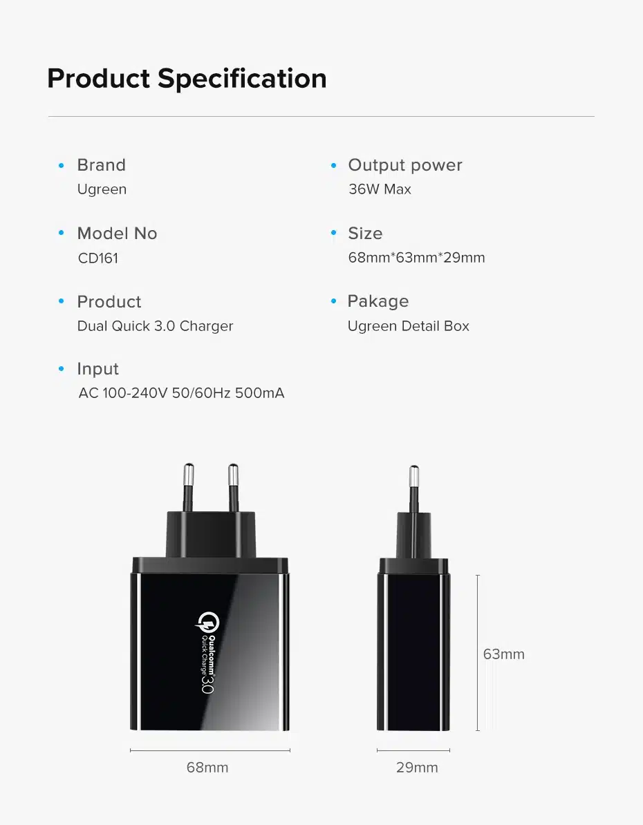 Ugreen Quick Charge 3.0 36W USB Charger for iPhone X 8 Fast QC 3.0 Charger for Samsung Galaxy s9 s10 Xiaomi mi 8 9 USB Charger 15
