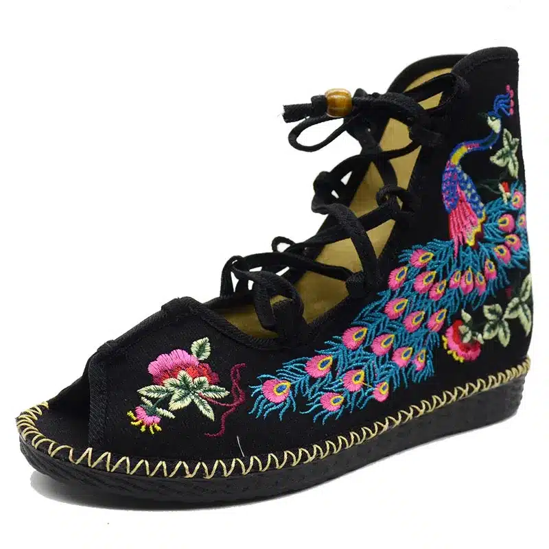 Veowalk Peacock Embroidered Women Peep Toe Gladiator Canvas Sandals Chinese Handmade Lace up Ladies Summer Fabric Flat Shoes 18