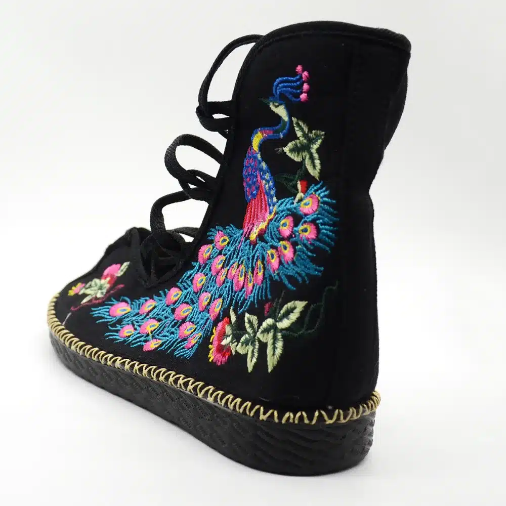 Veowalk Peacock Embroidered Women Peep Toe Gladiator Canvas Sandals Chinese Handmade Lace up Ladies Summer Fabric Flat Shoes 20