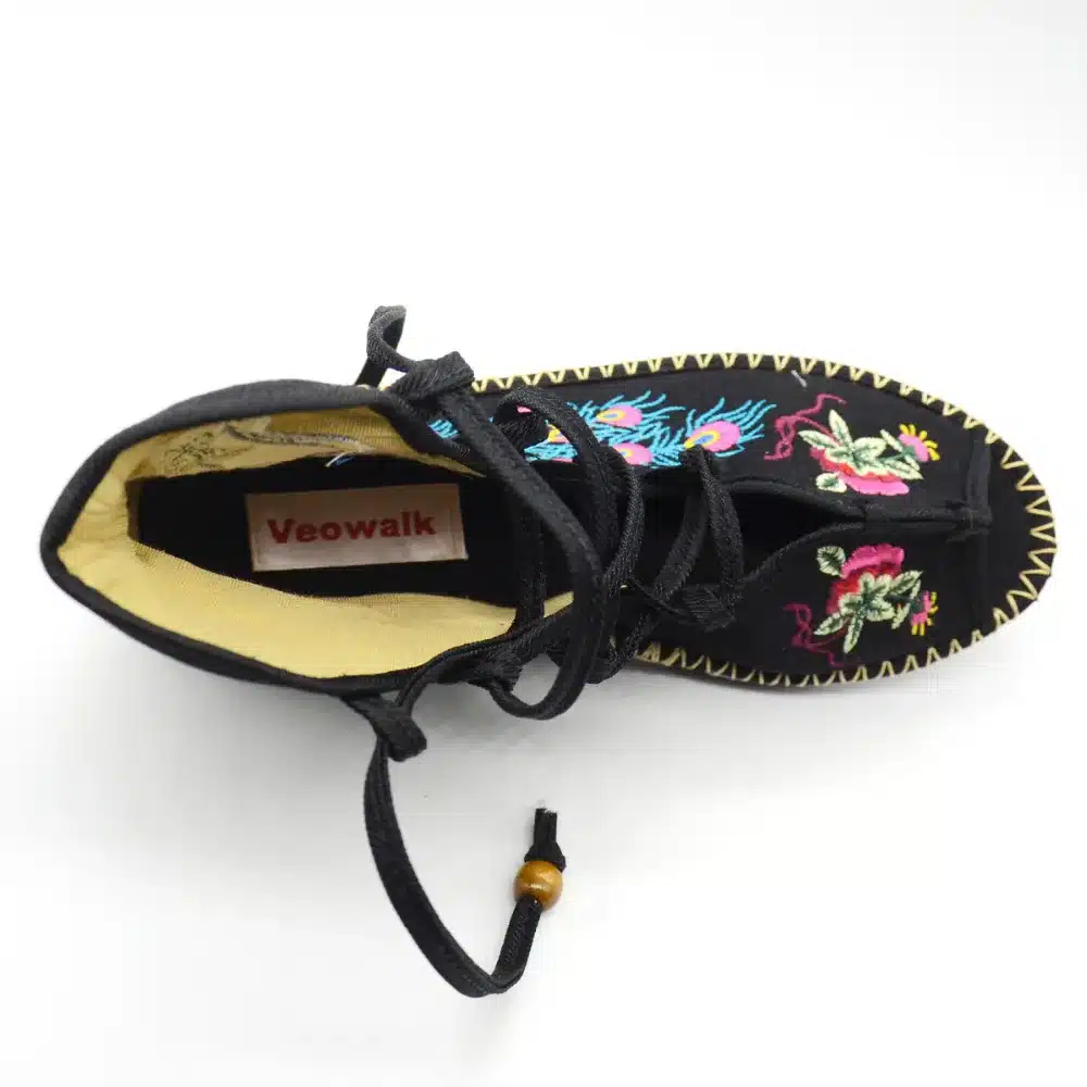 Veowalk Peacock Embroidered Women Peep Toe Gladiator Canvas Sandals Chinese Handmade Lace up Ladies Summer Fabric Flat Shoes 22