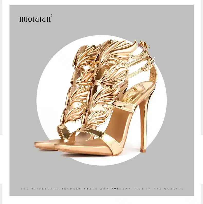 Hot sell women high heel sandals gold leaf flame gladiator sandal shoes party dress shoe woman patent leather high heels 11
