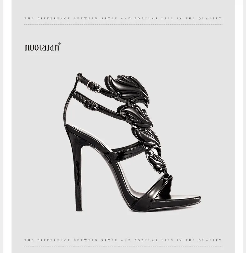 Hot sell women high heel sandals gold leaf flame gladiator sandal shoes party dress shoe woman patent leather high heels 15