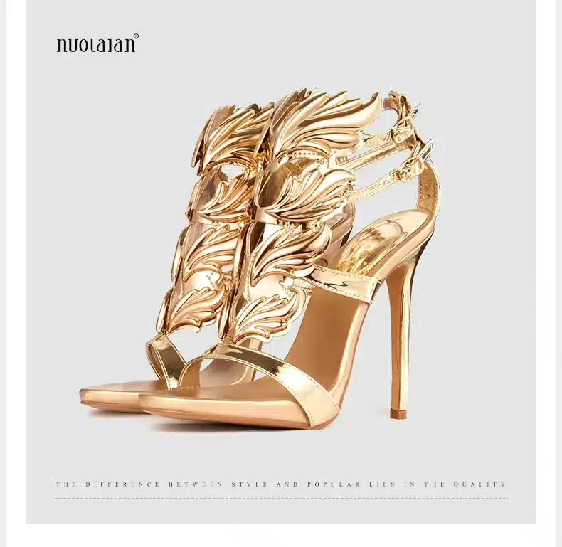 Hot sell women high heel sandals gold leaf flame gladiator sandal shoes party dress shoe woman patent leather high heels 21