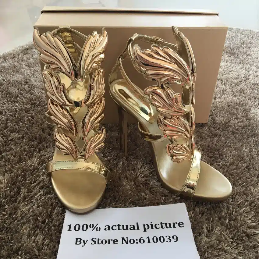 Hot sell women high heel sandals gold leaf flame gladiator sandal shoes party dress shoe woman patent leather high heels 25