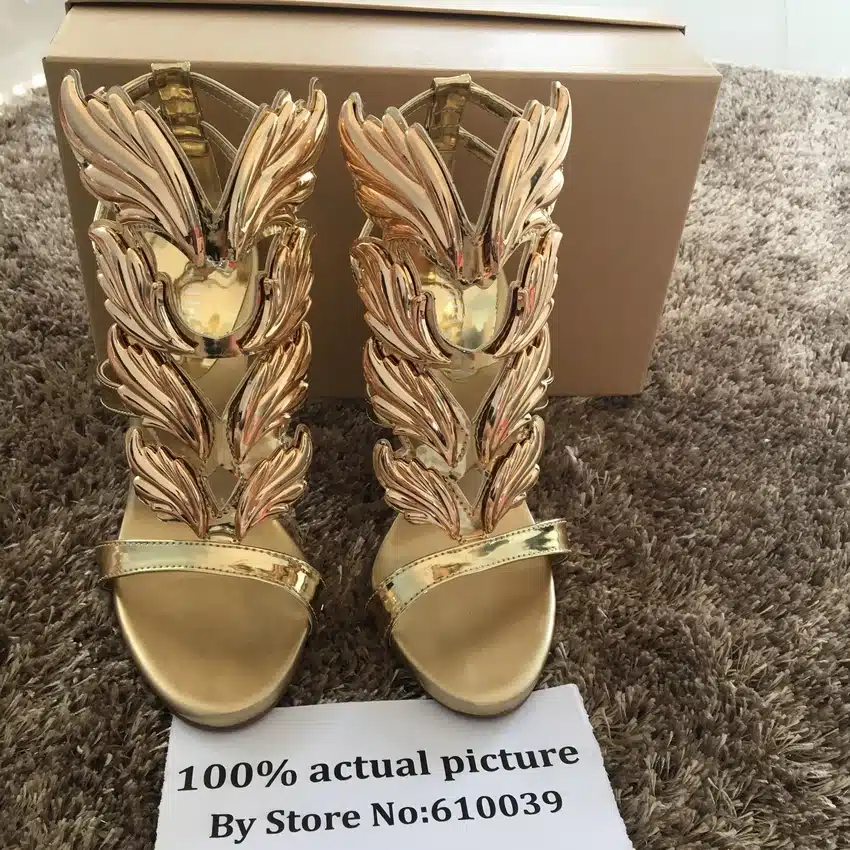 Hot sell women high heel sandals gold leaf flame gladiator sandal shoes party dress shoe woman patent leather high heels 26