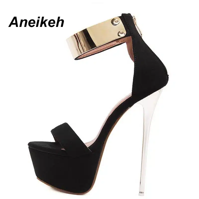Aneikeh Ankle Strap Heels Platform Sandals Party Shoes For Women Wedding Pumps 16cm High Heels Sequined Gladiator Sandals Black 14