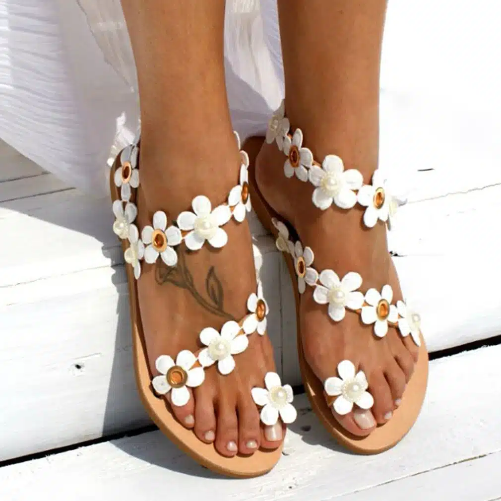 Women Bohemia Flower Flat Summer Sandals Shoes Slippers Ladies Girls Gladiator Sandals Pearl Shoes Sandalias Mujer Flip Flop 44 11