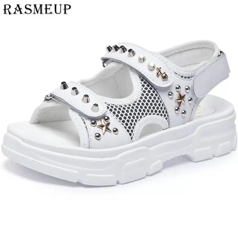 RASMEUP Genuine Leather Rivet Gladiator Flat Platform Women's Sandals 2019 Summer Fashion Women Chunky Beach Sandal Woman Shoes 2