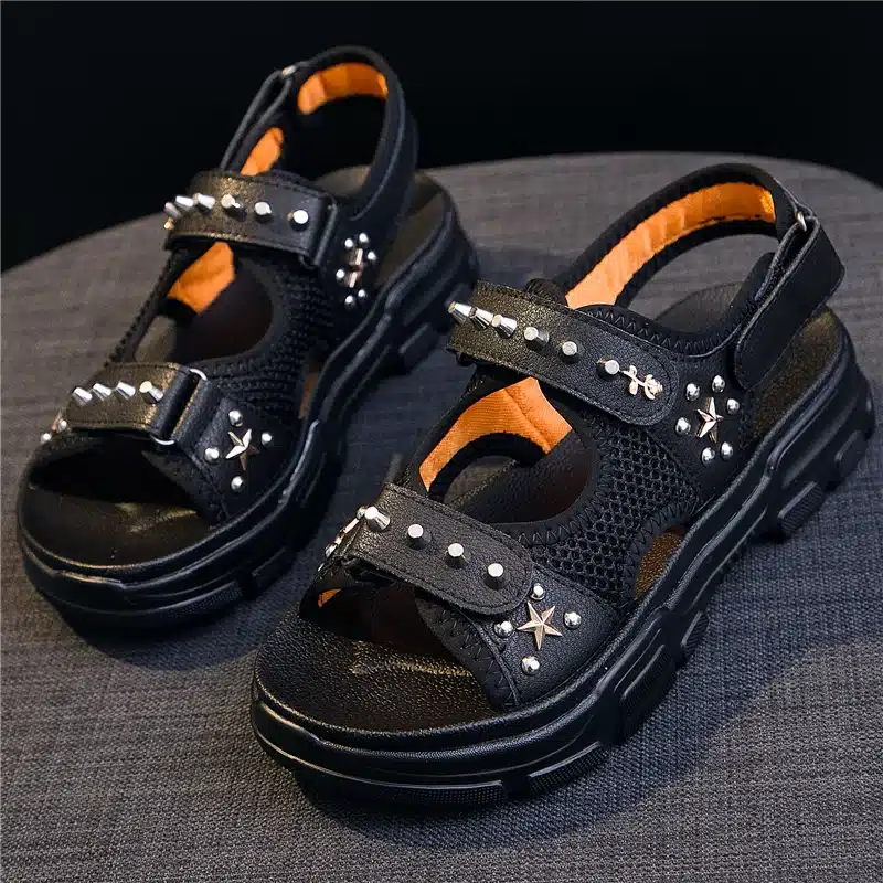 RASMEUP Genuine Leather Rivet Gladiator Flat Platform Women's Sandals 2019 Summer Fashion Women Chunky Beach Sandal Woman Shoes 5