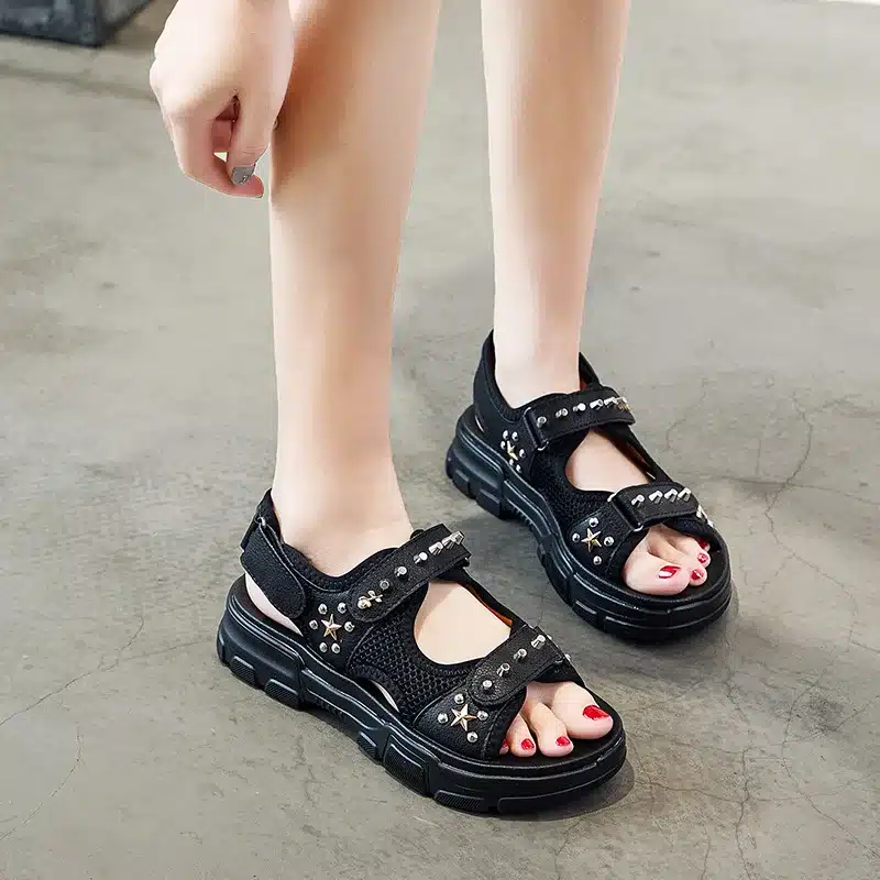 RASMEUP Genuine Leather Rivet Gladiator Flat Platform Women's Sandals 2019 Summer Fashion Women Chunky Beach Sandal Woman Shoes 7