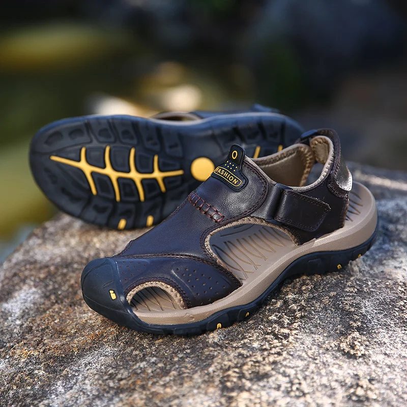 Men Sandals Genuine Split Leather Men Beach Roman Sandals Brand Men Casual Shoes Flip Flops Men Slippers Sneakers Summer Shoes 26