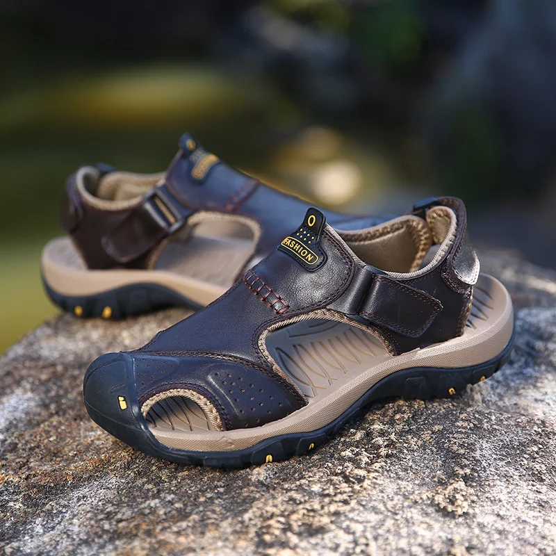 Men Sandals Genuine Split Leather Men Beach Roman Sandals Brand Men Casual Shoes Flip Flops Men Slippers Sneakers Summer Shoes 27