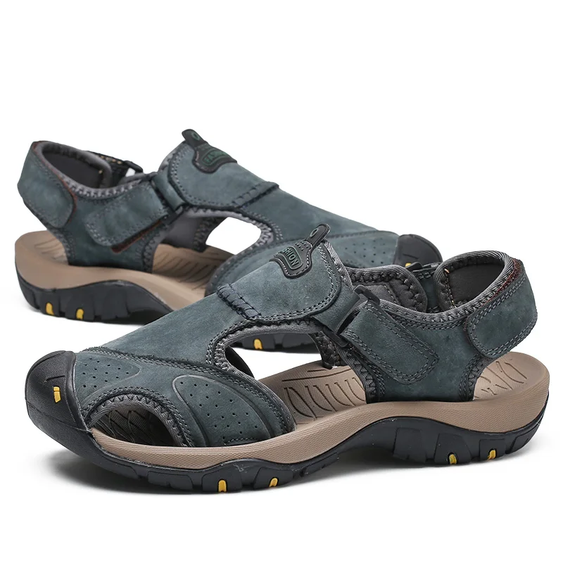Men Sandals Genuine Split Leather Men Beach Roman Sandals Brand Men Casual Shoes Flip Flops Men Slippers Sneakers Summer Shoes 32