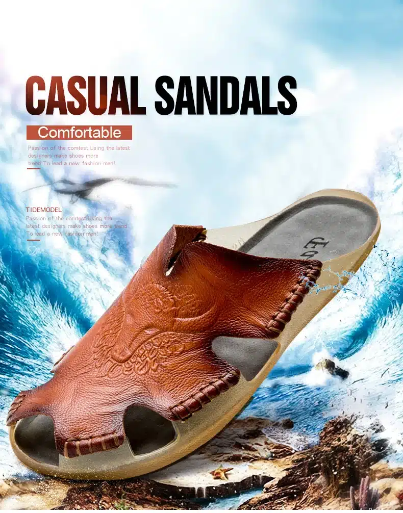 Summer Breathable Men's Sandals Soft Leather Casual Shoes Comfortable Flats Man slippers Roman Style Beach Sandals 2