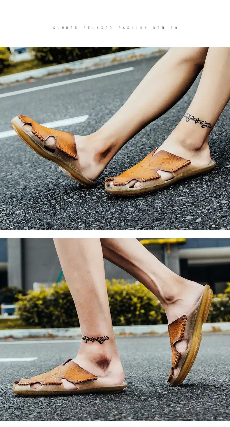 Summer Breathable Men's Sandals Soft Leather Casual Shoes Comfortable Flats Man slippers Roman Style Beach Sandals 12