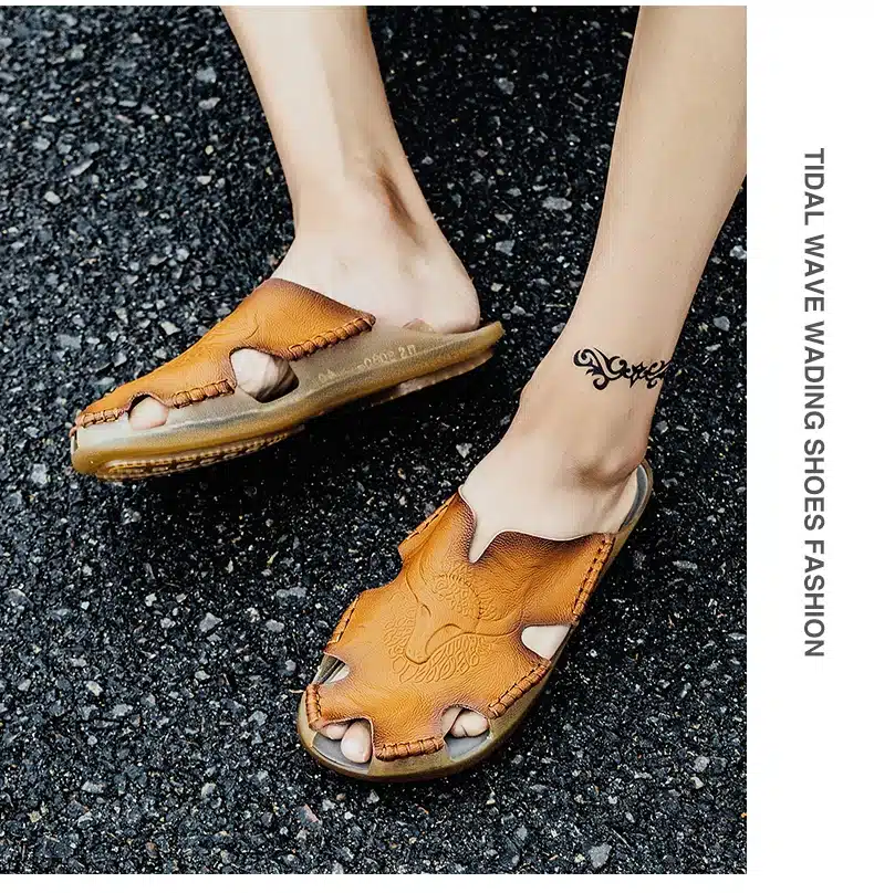 Summer Breathable Men's Sandals Soft Leather Casual Shoes Comfortable Flats Man slippers Roman Style Beach Sandals 13