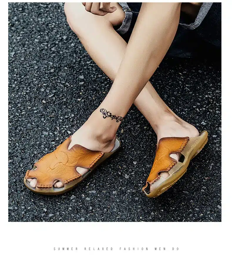 Summer Breathable Men's Sandals Soft Leather Casual Shoes Comfortable Flats Man slippers Roman Style Beach Sandals 14