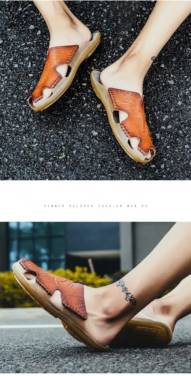 Summer Breathable Men's Sandals Soft Leather Casual Shoes Comfortable Flats Man slippers Roman Style Beach Sandals 16