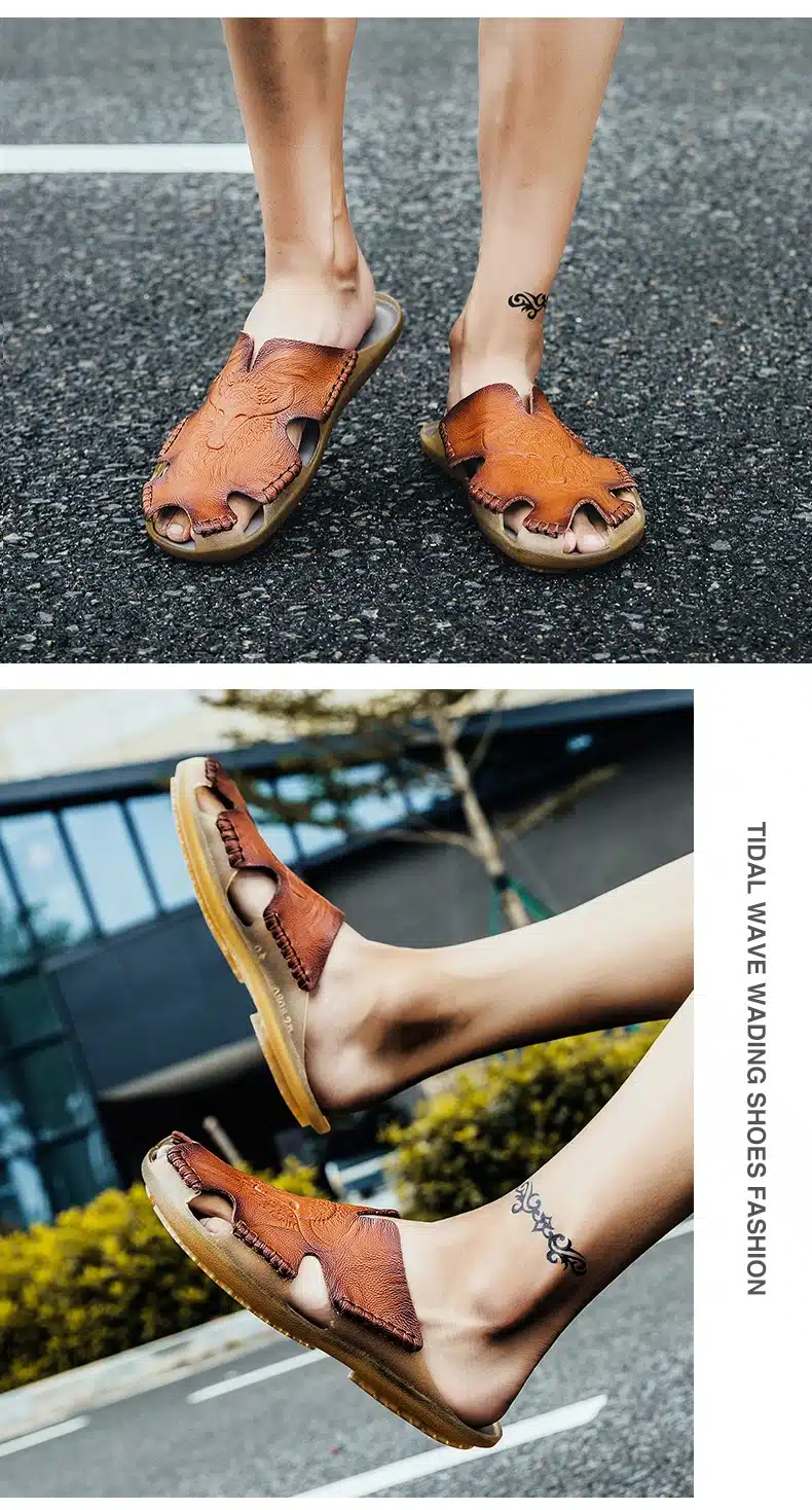 Summer Breathable Men's Sandals Soft Leather Casual Shoes Comfortable Flats Man slippers Roman Style Beach Sandals 17